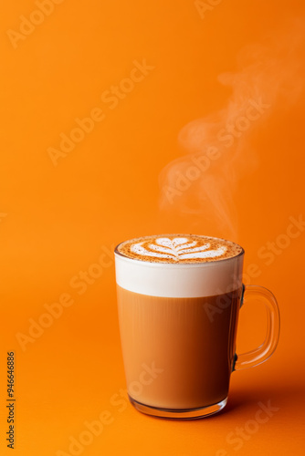 Steaming pumpkin spice latte with creamy foam and a dusting of nutmeg in a glass cup isolated on a soft orange gradient background with text space 