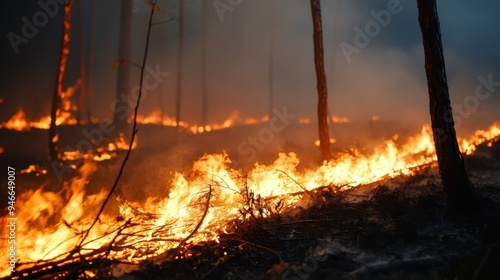 An intense image of a forest wildfire consuming the dry underbrush with bright, raging flames sending smoke into the air, highlighting the power and destruction of nature's elements.