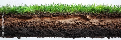 A close-up cross-section of green grass and the layers of soil beneath it. The image symbolizes growth, nature, the interconnectedness of life, the importance of soil health, and the fragility of our 