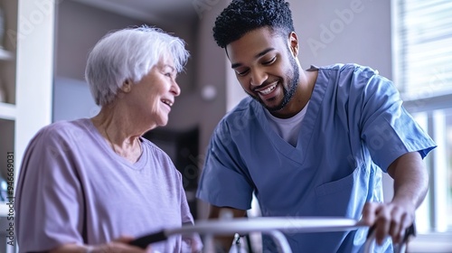 At home, biracial male nurse helps senior female patient with a walker.