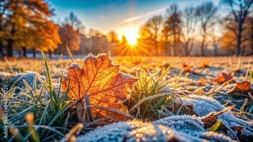 Autumn morning, first light frosts, melting frost on autumn grass and fallen leaves