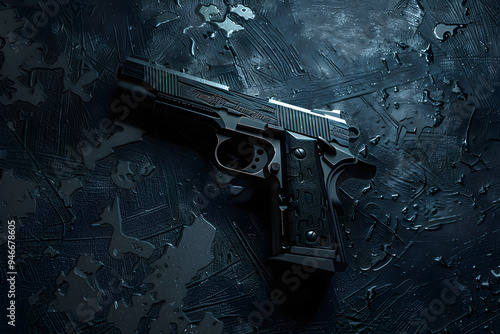 Sleek Modern Firearm on Dark Textured Surface with Focused Lighting Highlighting Intricate Design and Craftsmanship