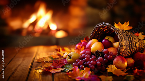 A rustic Thanksgiving cornucopia spilling out fresh autumn produce, surrounded by colorful fallen leaves on a wooden table, a backdrop of a cozy cabin interior with a roaring fireplace