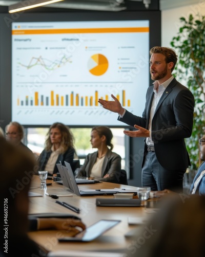 A green energy investor pitching to a room of executives, with charts and graphs showing the potential of renewable investments