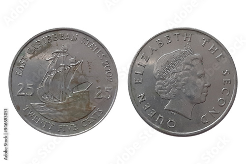 25 Cents 2002 Elizabeth II on white background. Coin of Eastern Caribbean States. Obverse Portrait of Queen Elizabeth II facing right. Reverse ship of Sir Francis Drake