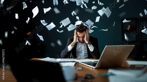 A stressed businessman overwhelmed by documents flying around his workspace, capturing the chaos of modern work-life.