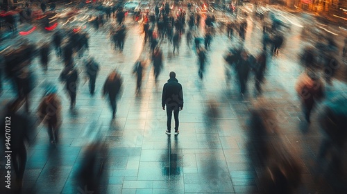 A person standing in a crowded urban environment, with blurred figures rushing by, creating a feeling of isolation and anxiety amidst chaos