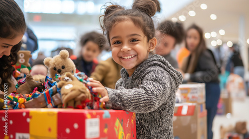 A lively toy drive, where people come together to bring joy to children, filled with love, care, and generosity. Philanthropy, Love, Care, Community Action