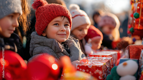 A lively toy drive, where people come together to bring joy to children, filled with love, care, and generosity. Philanthropy, Love, Care, Community Action