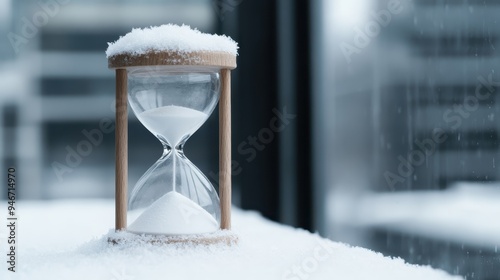 An elegant hourglass partially covered in snow rests amid an urban cityscape, symbolizing the relentless passage of time and the juxtaposition of natural and man-made elements.