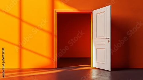 an open door leading to a bright orange room