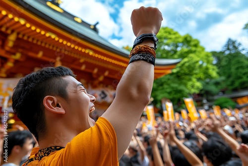 Japanese vermillion shrine during a festival, captured in a photo where the vibrant color is complemented by the lively energy of the crowd