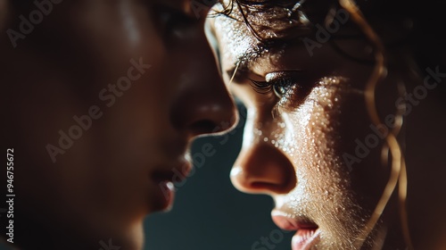 A close-up portrait image with shadows and a warm light, highlighting the contrast and creating a moody atmosphere. The person's face is blurred, maintaining mystery.