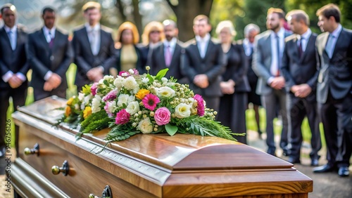 Coffin at Funeral with People Standing Around, Somber and Respectful Scene