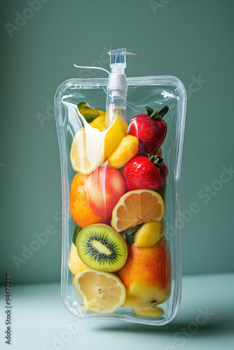 Creative IV bag filled with different fruit on simple background with copy space. Concept of fruit therapy. 