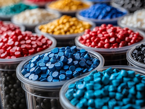 Colorful Plastic Pellets: A vibrant collection of plastic resin pellets in various colors, displayed in clear containers. Ideal for industrial, manufacturing, and design contexts.