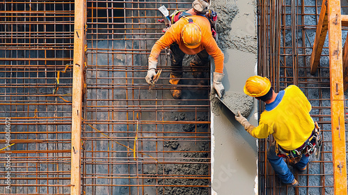 construction workers pouring concrete into a beam formwork on a building site