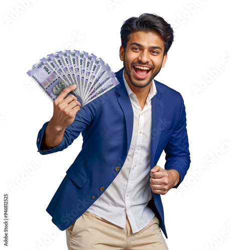 Happy indian man with rupees money on his hand on isolated background