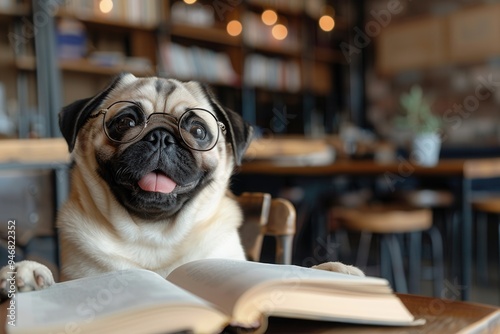 Adorable pug puppy wearing glasses, smiling at a desk with an open book in a classroom..