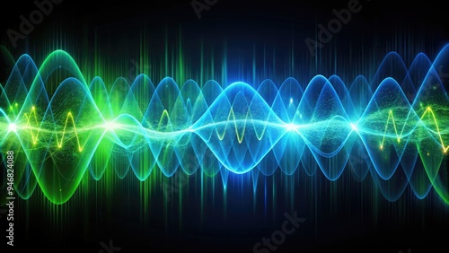 Abstract digital waveform composition featuring vibrant blue and green oscillations against a dark background, evoking a sense of futuristic technology and dynamic energy.