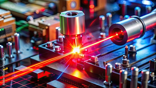 A close-up view of a high-powered laser diode emitting a bright red beam through a microscope lens, surrounded by electronic components and wires.