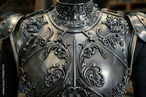 Close up of an elaborate suit of plate armor showing the intricate metalwork and craftsmanship of the piece