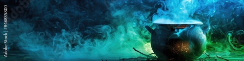 Retro witch's cauldron surrounded by blue and green mist for Halloween.