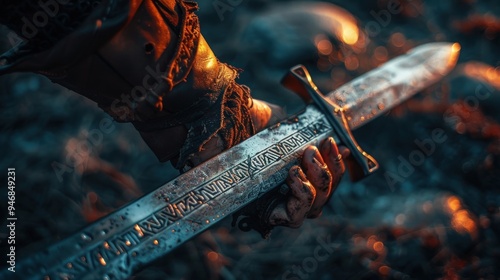 A close-up shot of a hand holding a Viking-era sword with runic inscriptions along the blade