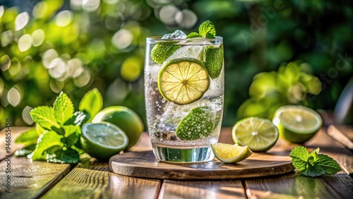 A refreshing glass of sparkling water garnished with a slice of lime and fresh mint leaves, served over ice on a sunny patio table.