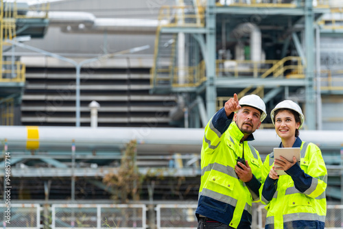 Man and woman petrochemical engineer teamwork meeting discussion at petroleum oil refinery industry area. Industrial factory technician worker working maintenance manufacturing energy power gas system