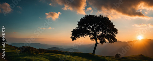 Silhouette of a Tree at Sunset Over Mountains