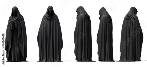 Set of witch black capes hanging from shoulders isolated on white background. Three-dimensional rendering. Front, back and side views. Helloween concept.