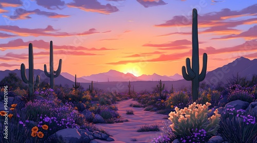 Landscape Desert Garden, Saguaro and flowering cactus. Digital Illustration of vivid sunset. 