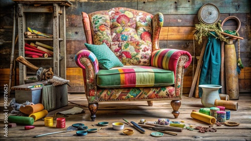 A worn, vintage armchair sits surrounded by scattered fabric scraps, tools, and threads, as a fresh, vibrant upholstery makeover is meticulously in progress.