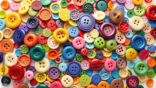 Colorful array of sewn buttons in various shapes, sizes, and materials scattered on a white background, showcasing creative possibilities for craft and design projects.