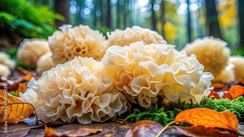 Delicate, translucent Tremella fuciformis mushrooms with intricate, brain-like folds and wispy, snow-white tendrils growing on a moist, emerald-green forest floor, surrounded by fallen leaves.