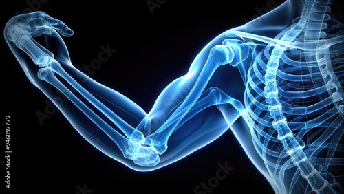 Detailed X-ray image of human elbow joint, showcasing humerus, radius, and ulna bones, with subtle shadowing and precise anatomical details.