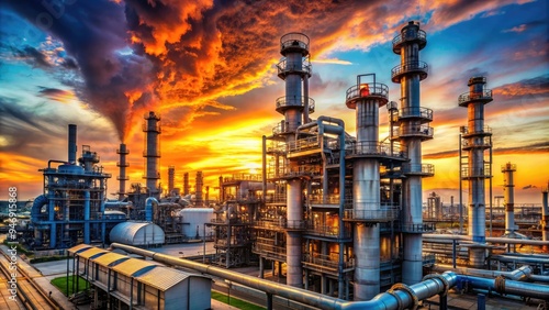 Industrial petrochemical plant at sunset with tall distilling towers and intricate network of pipes and valves amidst a backdrop of vibrant orange and blue hues.