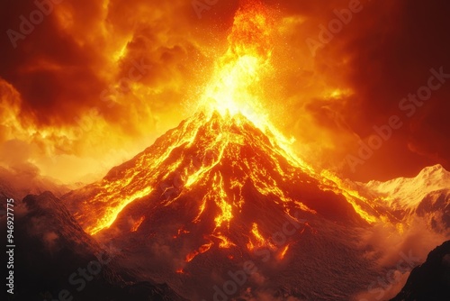 A volcanic eruption with fiery lava. Perfect for illustrating articles about natural disasters or Earth science.