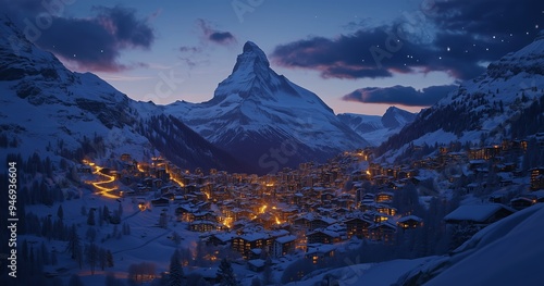 Winter evening in Zermatt with illuminated chalets glowing against the backdrop of the Matterhorn under a starry sky