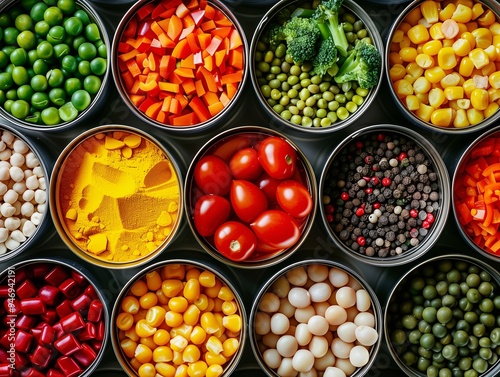 Top view of multiple cans of various vegetables in a grid-based pattern.