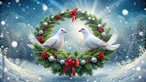 Snowflakes gently fall upon a serene winter scene featuring two white doves perched on a festive holly-adorned Christmas wreath, symbolizing peace and joy.