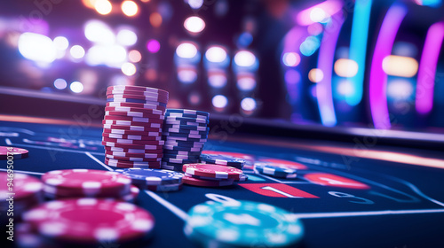 A roulette table bathed in electric neon lights, with chips stacked high, capturing the anticipation and high stakes of the game.