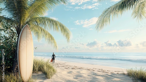 A beach scene with a surfboard propped up against a palm tree, and a person in the distance walking towards the water with a wetsuit