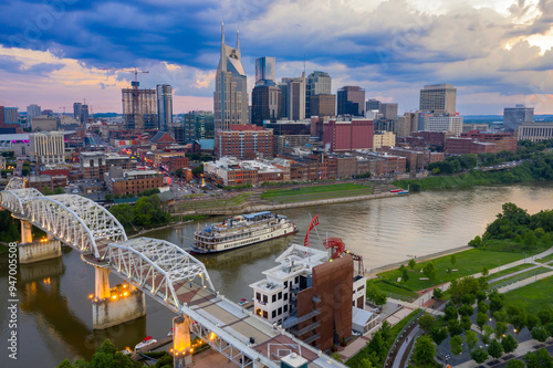 Steamboat, bridge and downtown riverfront of Nashville, Tennessee, United States.