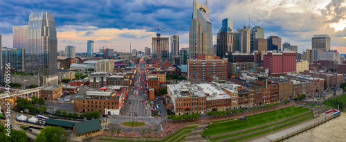 Broadway and the downtown riverfront, Nashville, Tennessee, United States.