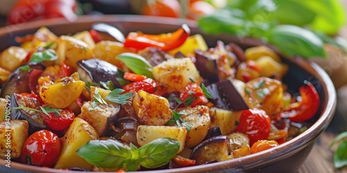 Traditional Greek vegetarian dish with a medley of vegetables including potatoes eggplants peppers and tomatoes