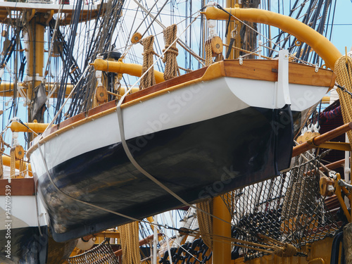 Tokyo, Japan -August 27, 2024: A lifeboat of a sailing vessel