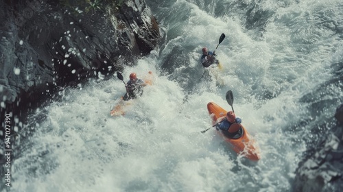 Three kayakers paddling through whitewater rapids