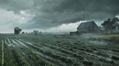 Stormy weather over a rural farmland with heavy rain and dark clouds, an old barn stands alone in the middle of the field.